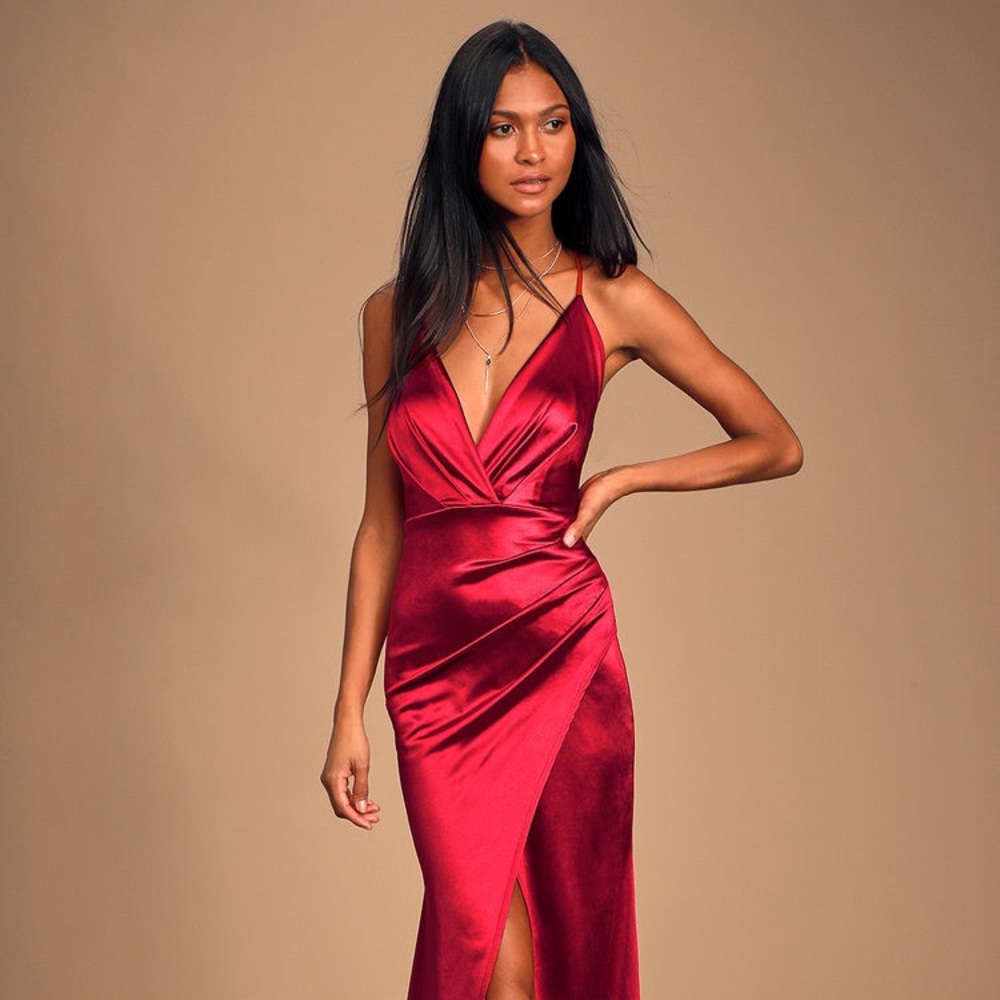 Lulu’s Ever Enchanted Dark Red Satin Surplice Maxi Dress
